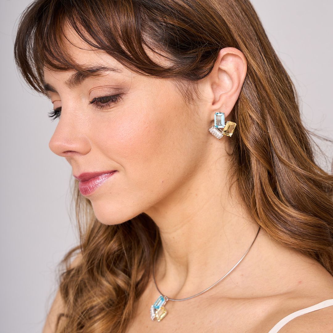 BOUCLES D'OREILLE  MARLENE MULTICOLORE ET PAVÉ EN ARGENT