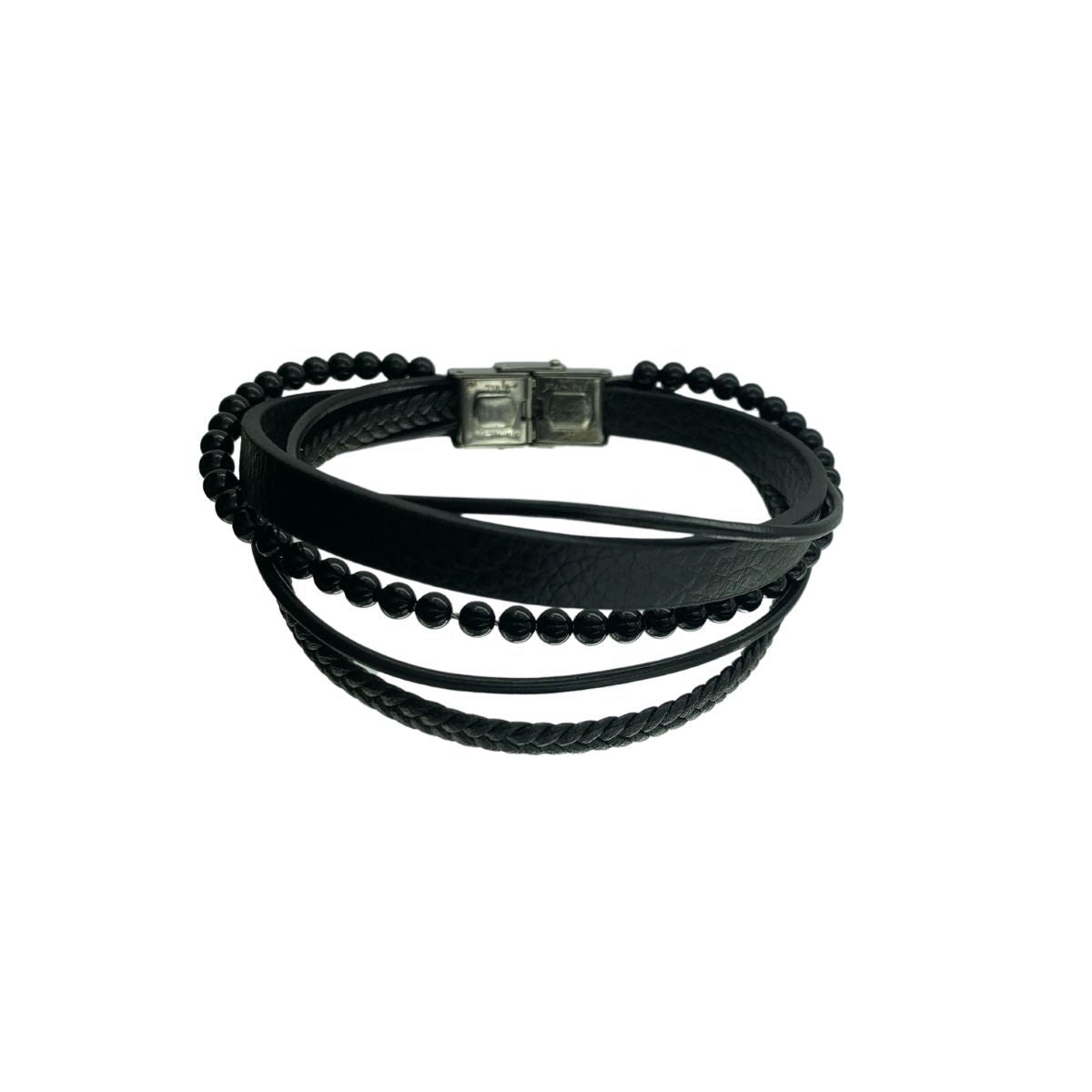 PULSERA NEGRA PIEL Y BOLAS NEGRAS