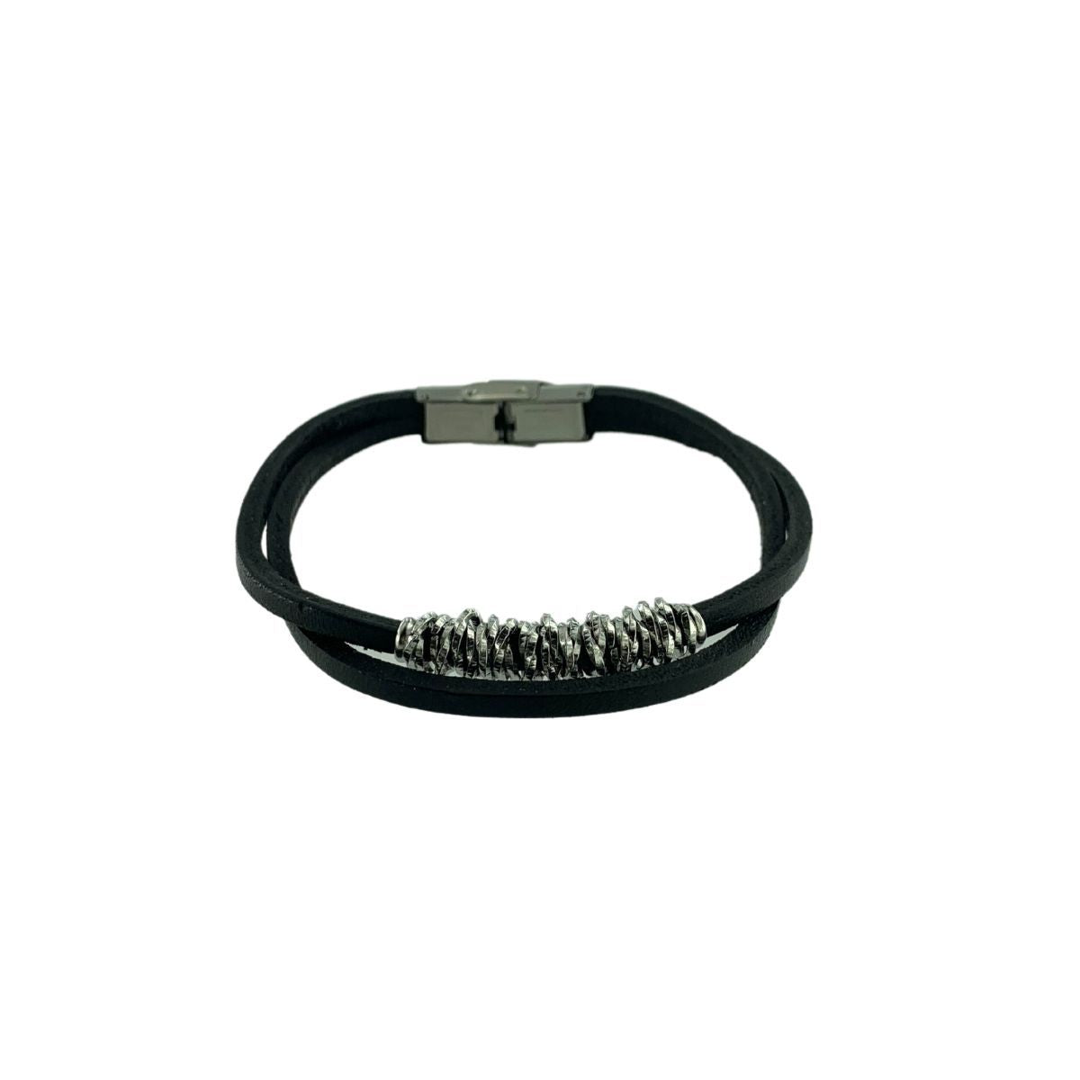 DOUBLE STRIP BLACK LEATHER BRACELET WITH RINGS