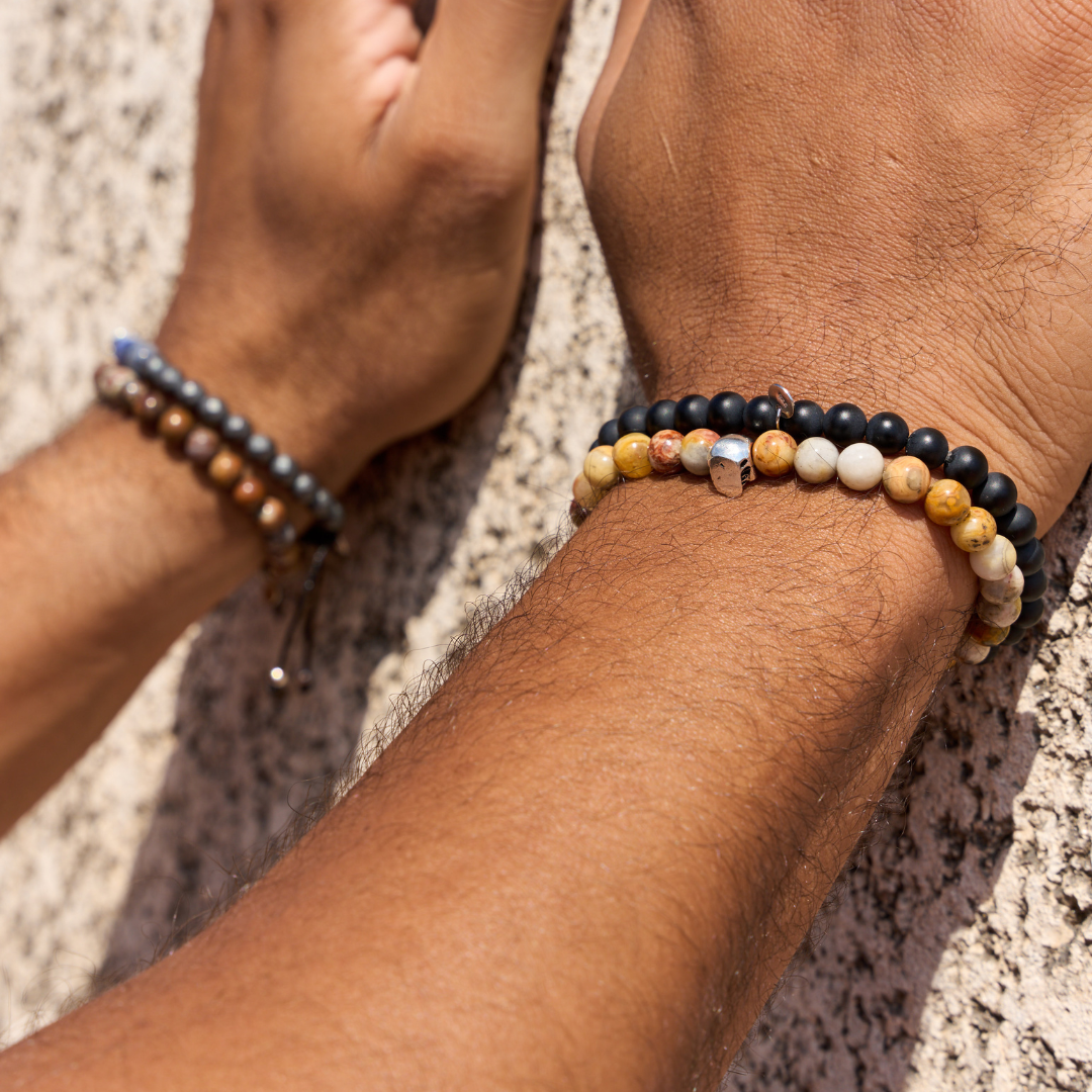 PULSERA ELASTICA AGATA NEGRA Y OJO DE TIGRE