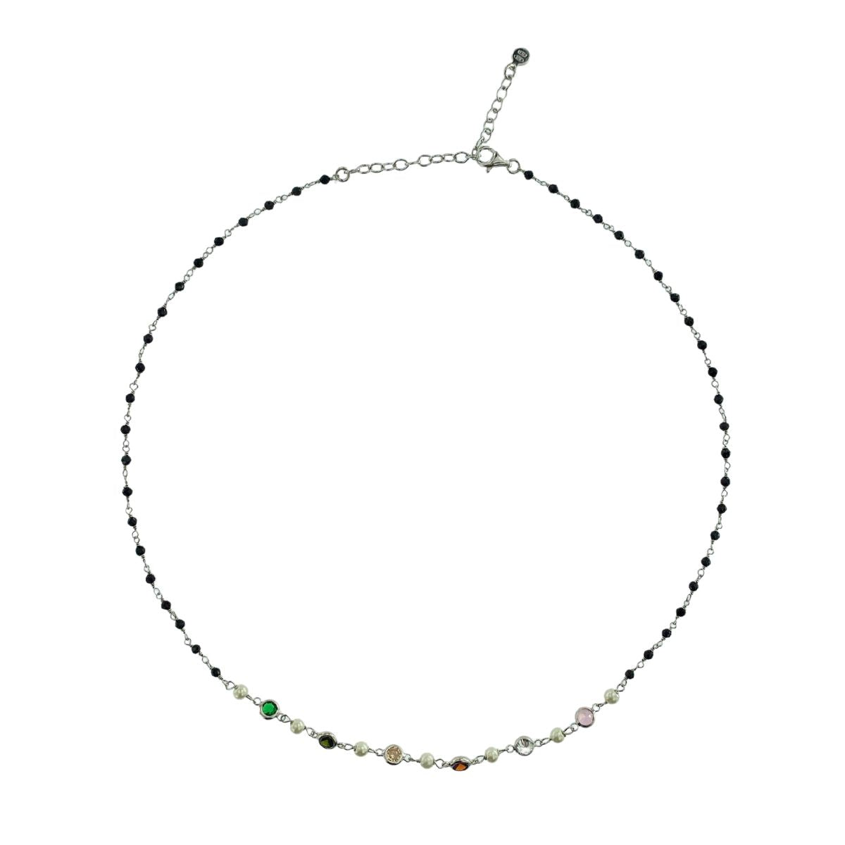 SILVER NECKLACE WITH BLACK BEADS, MULTICOLOR CRYSTALS AND PEARLS