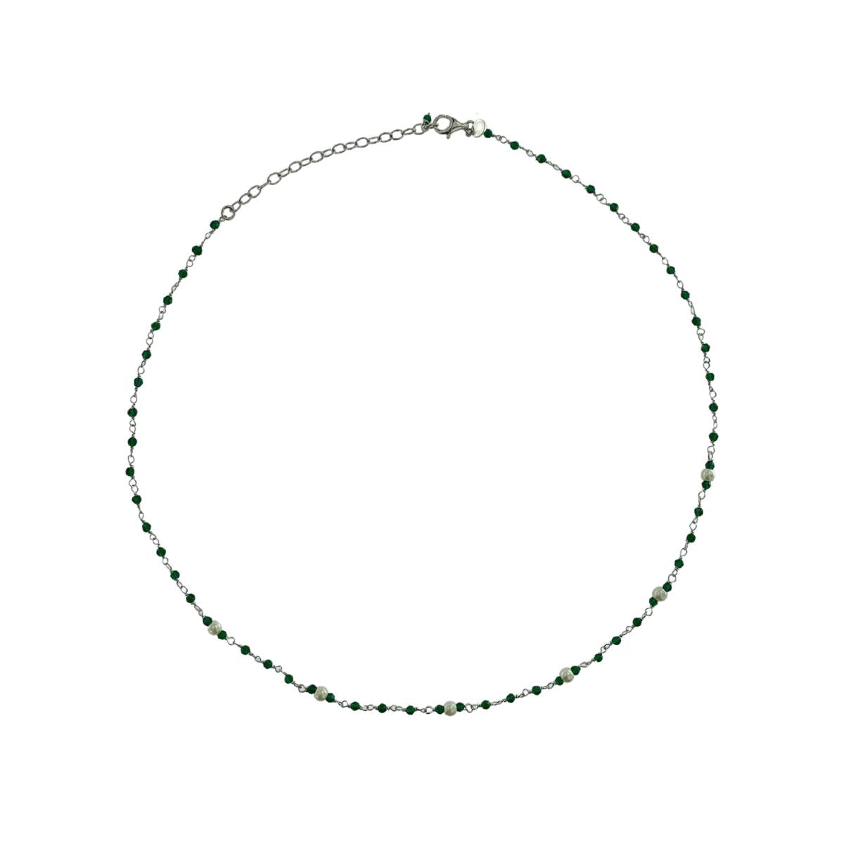 SILVER NECKLACE WITH GREEN BEADS AND PEARLS