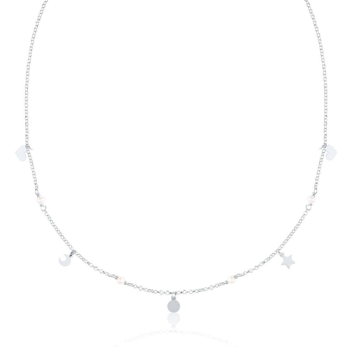 MINI CHARMS NECKLACE IN SILVER AND PEARLS