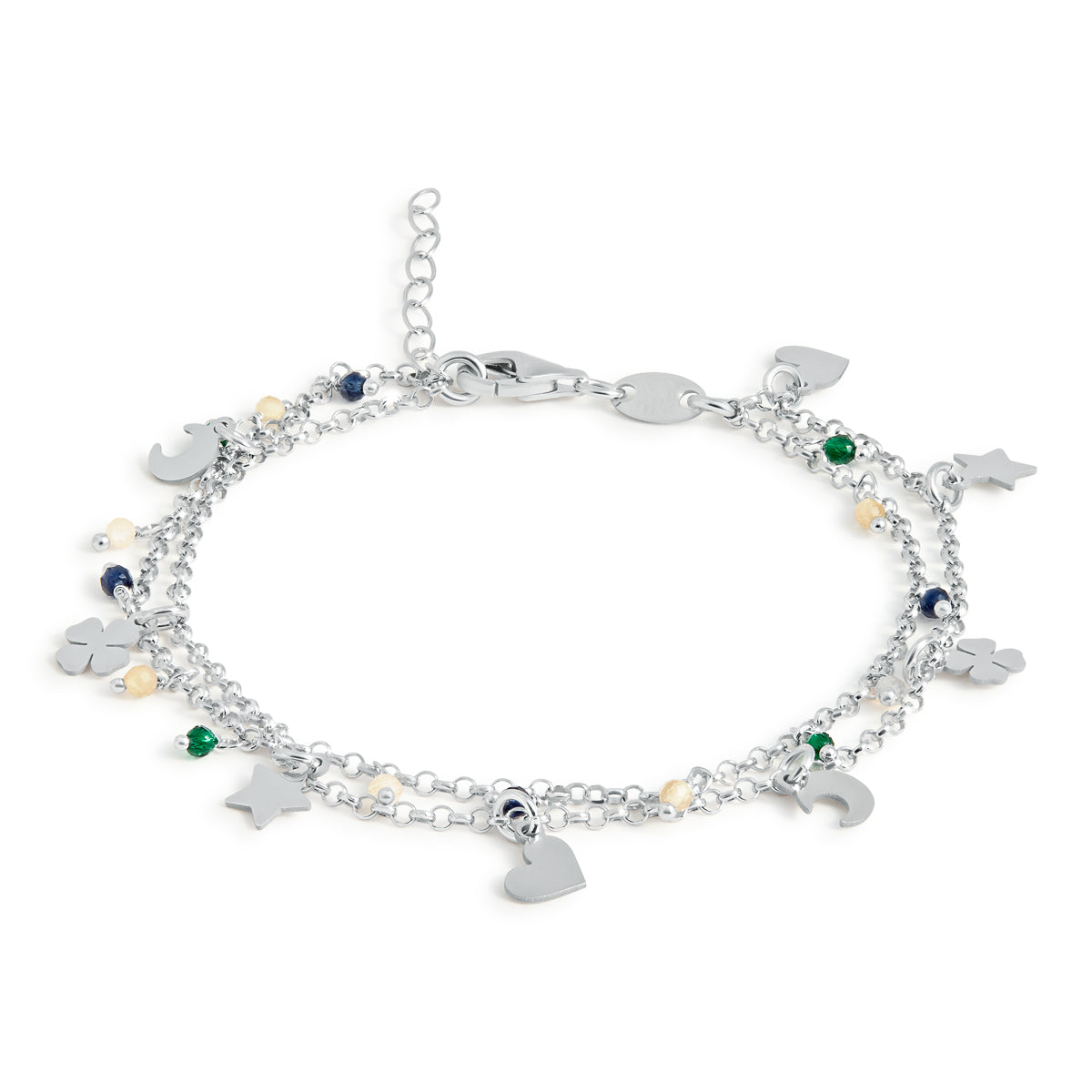 PULSERA PLATA DOBLE MINI CHARMS Y PIEDRITAS