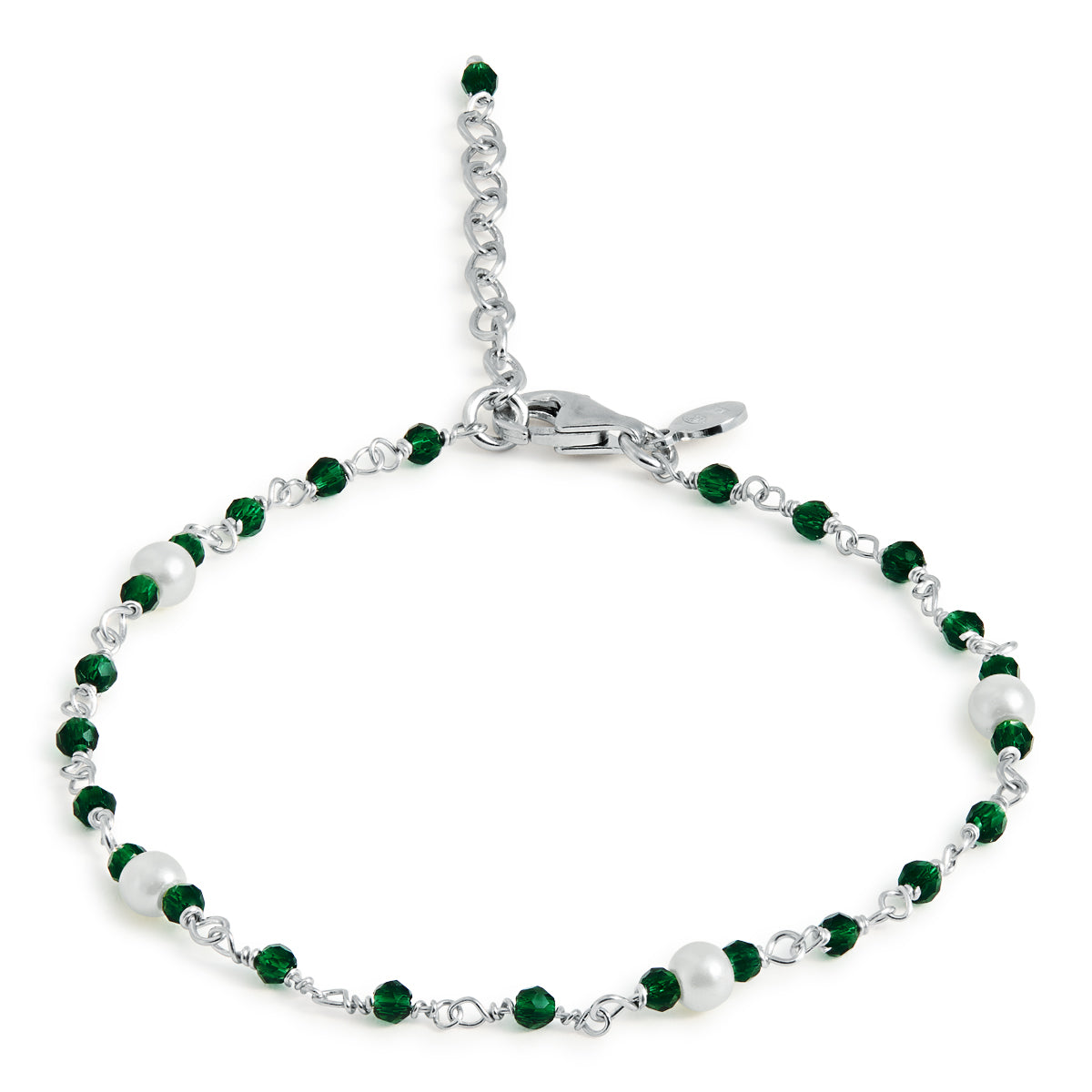 PULSERA PLATA BOLITAS VERDES Y PERLAS
