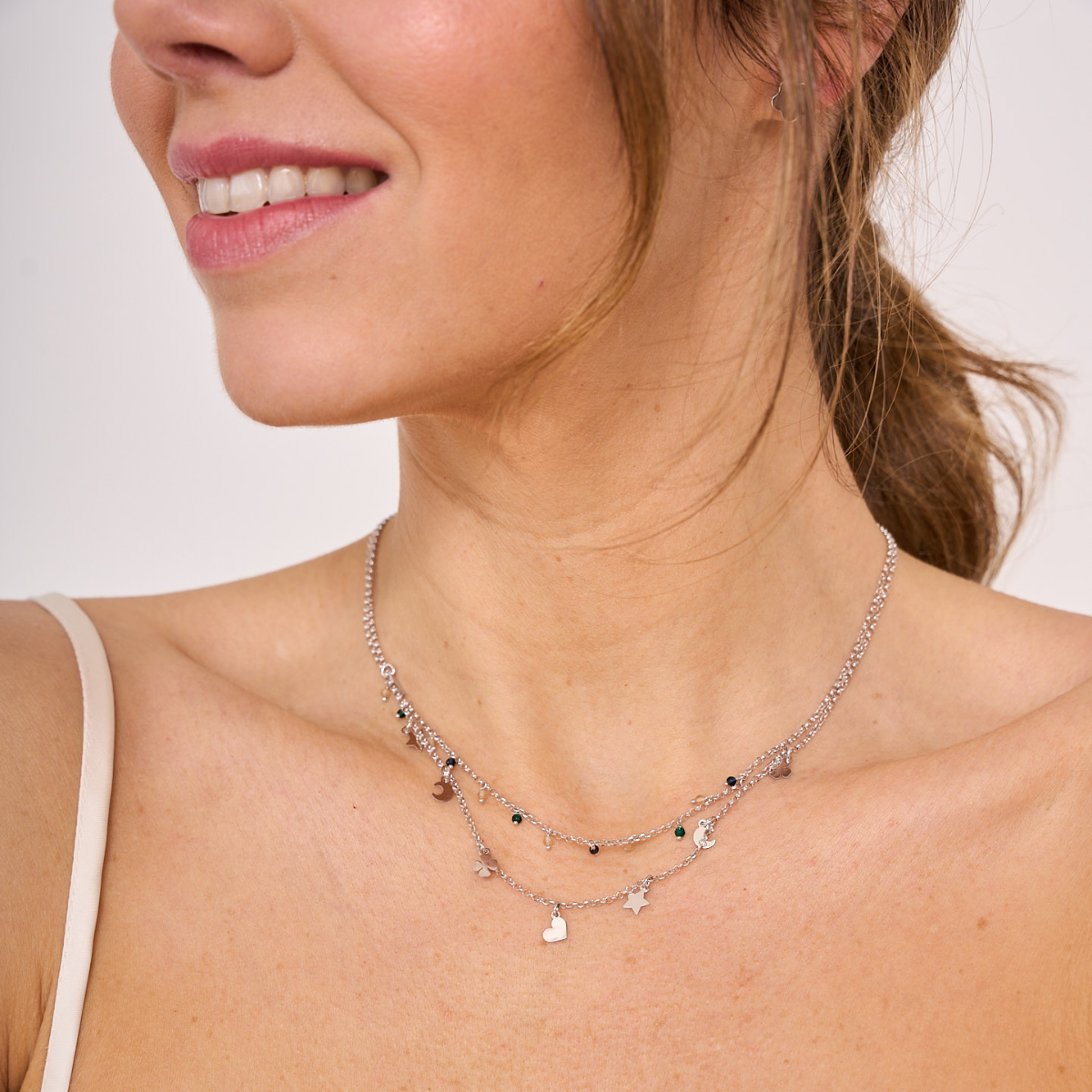 DOUBLE MINI CHARMS AND BALLS SILVER NECKLACE