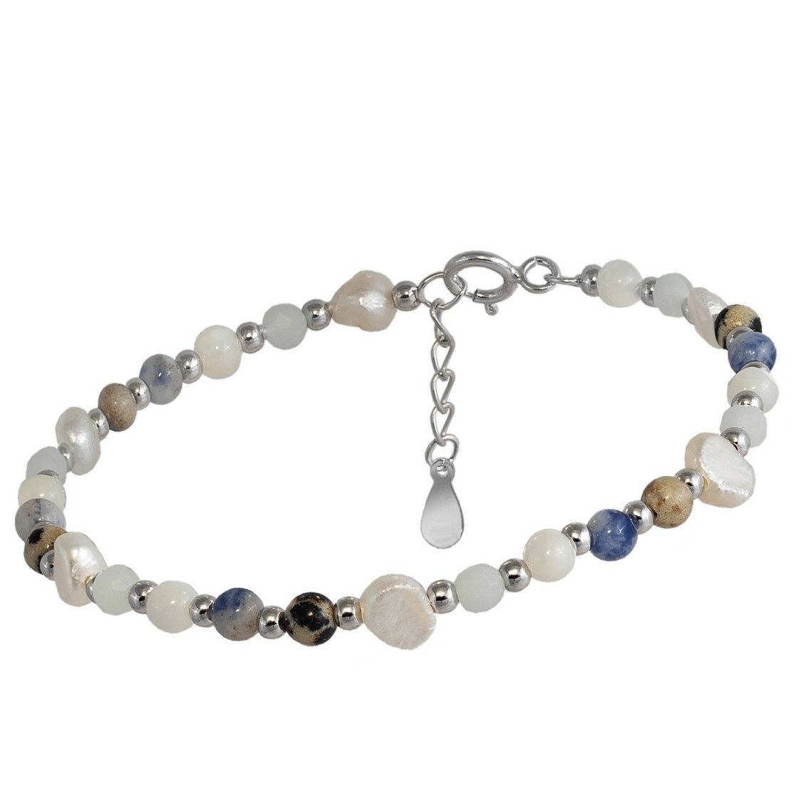 SILVER ANKLET WITH BLUE STONES AND PEARLS