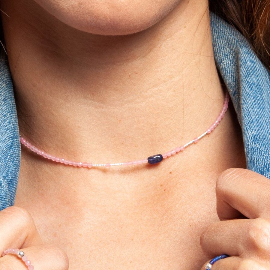 COLLIER QUARTZ ROSE AVEC SAPHIR BLEU