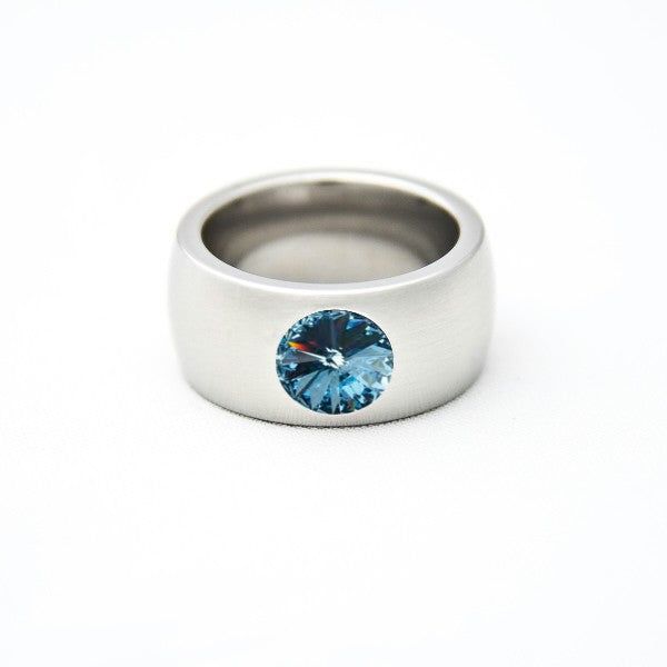 BAGUE EN ACIER LARGE AVEC AIGUE-MARINE SWAROVSKI