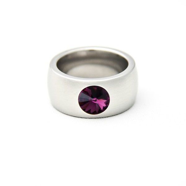 BAGUE EN ACIER LARGE AVEC SWAROVSKI AMETHYSTE