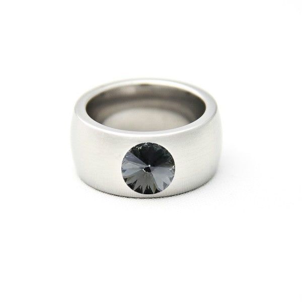 BAGUE LARGE EN ACIER AVEC DIAMANT NOIR SWAROVSKI