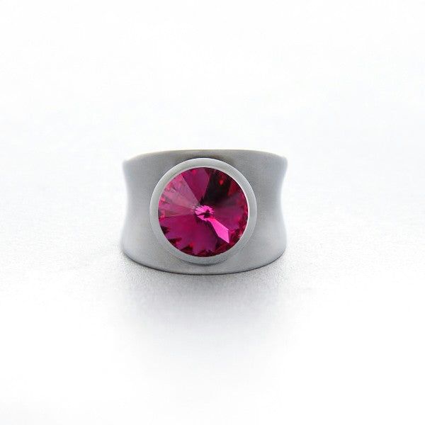BAGUE ACIER CONCAVE SWAROVSKI FUCHSIA