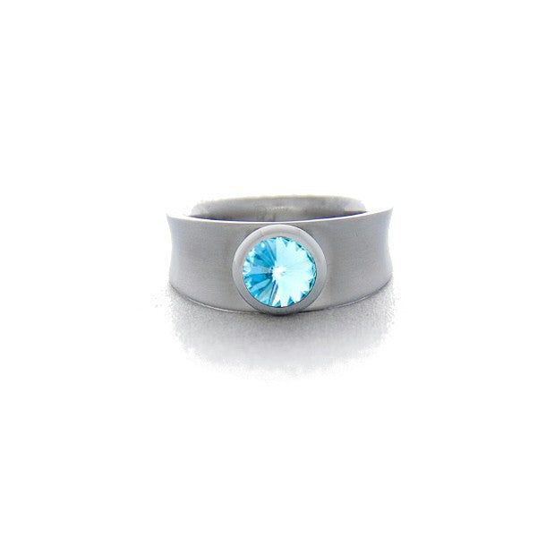 BAGUE ÉTROITE EN ACIER ET CRISTAL AIGUE-MARINE