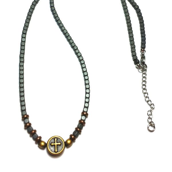 MEN'S HEMATITE NECKLACE WITH CROSS