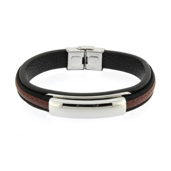 MEN'S STEEL AND LEATHER PLATE AND CLOSURE BRACELET