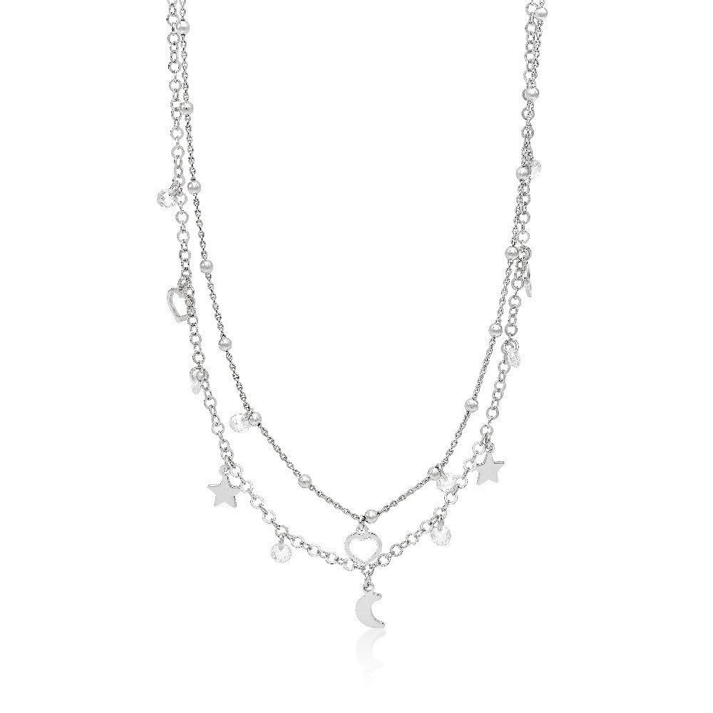 COLLAR DOBLE ESTRELLA LUNA Y CORAZON DE PLATA