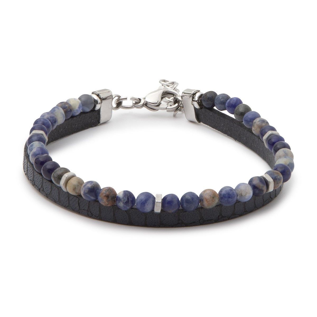 PULSERA CUERO Y PIEDRAS AZULES