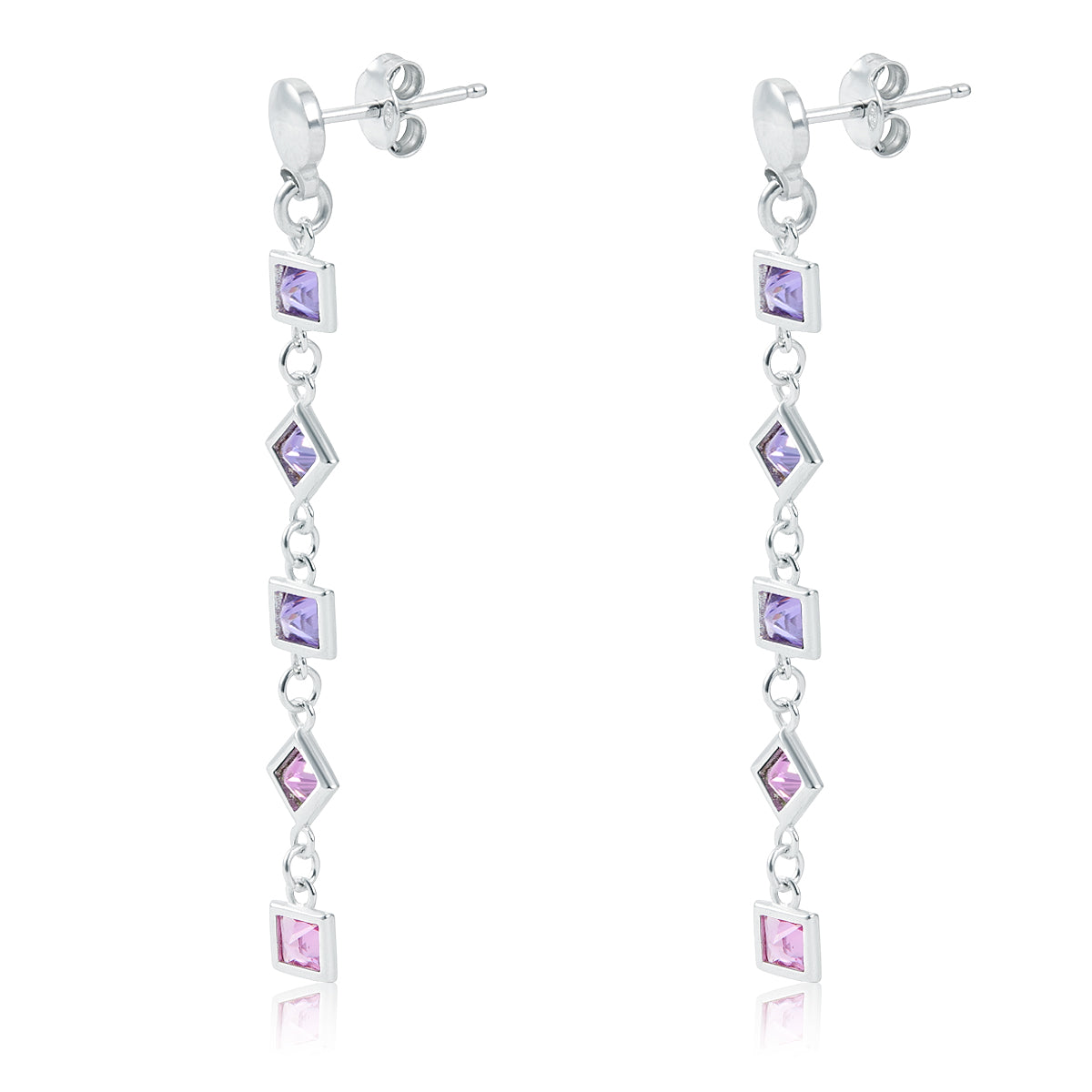 BOUCLES D'OREILLES CARRÉES ET CRISTAL À FACETTES FUCHSIA ET LILAS