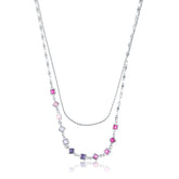 COLLIER DOUBLE CARRÉ ET CRISTAL FACETTES FUCHSIA ET LILAS