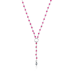 COLLIER CHAPELET FUCHSIA AVEC ANNEAU ET BOULE ARGENT