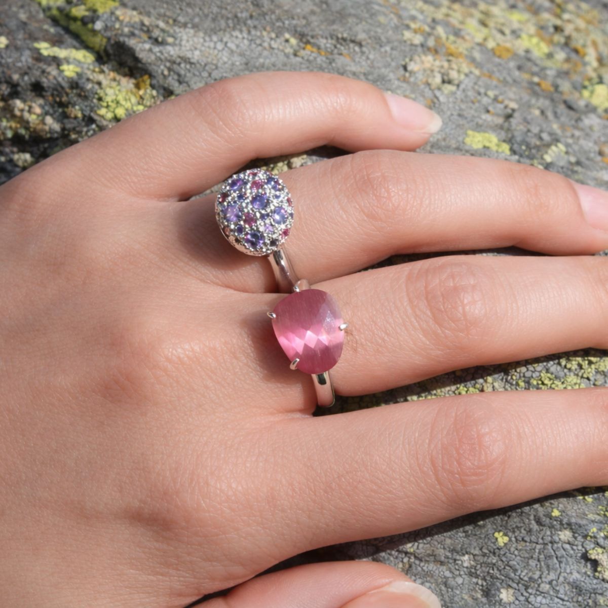 SILVER CAPRI RING AND PINK CAT'S EYE
