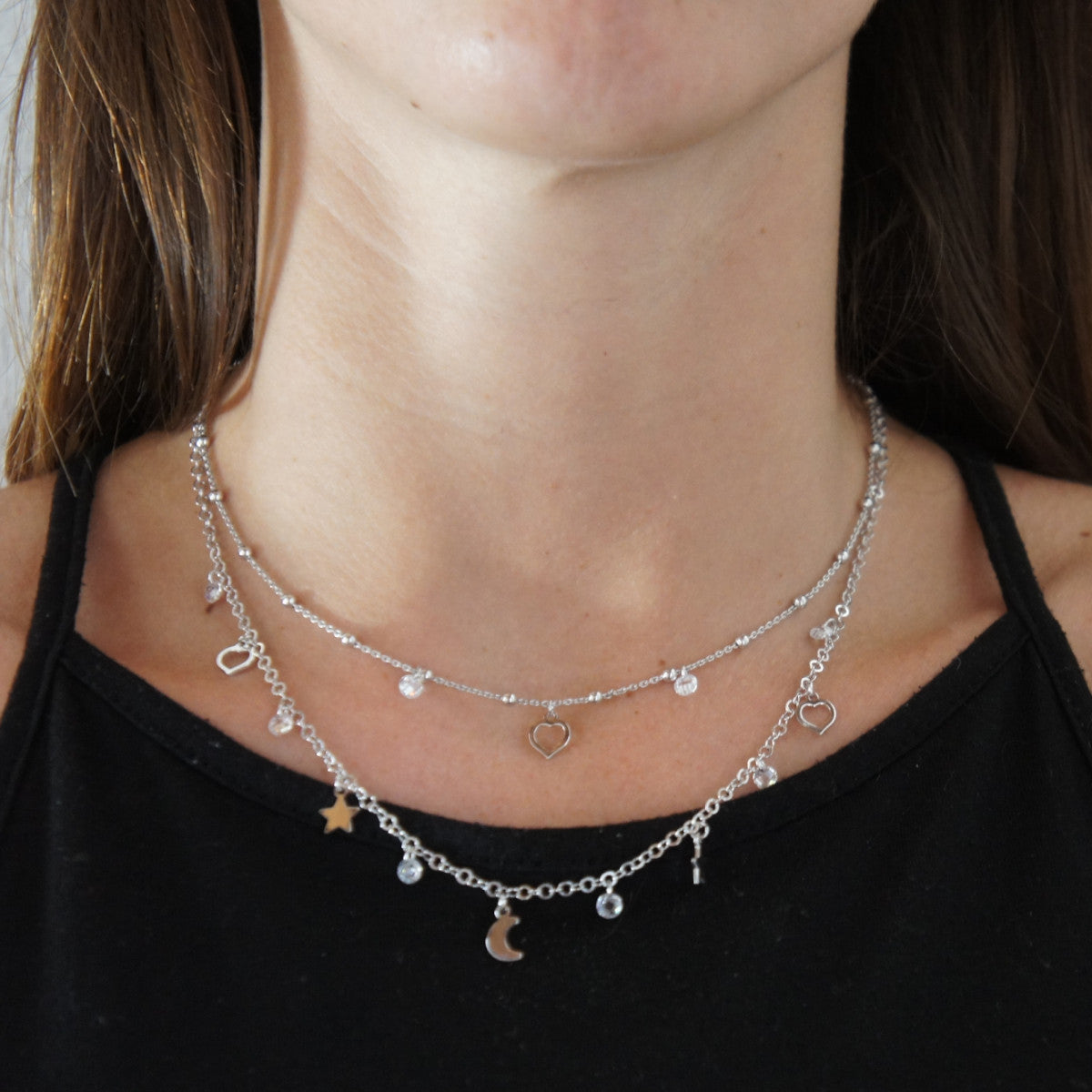 COLLIER DOUBLE ÉTOILES LUNE ET CŒUR EN ARGENT