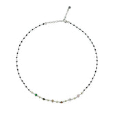 SILVER NECKLACE WITH BLACK BEADS, MULTICOLOR CRYSTALS AND PEARLS