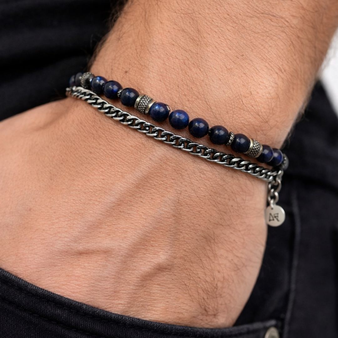 PULSERA DE ACERO Y OJO DE TIGRE AZUL