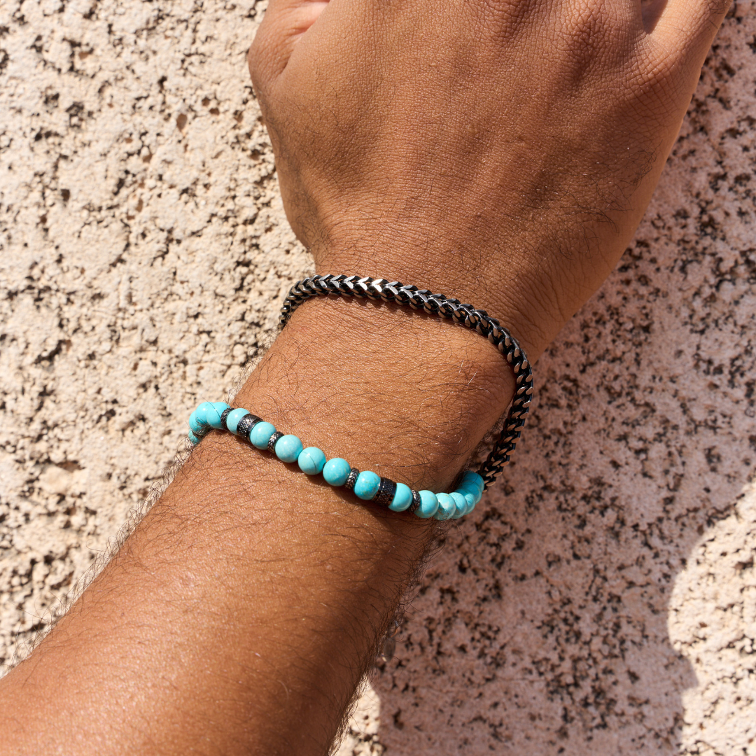 STEEL CHAIN ​​BRACELET WITH TURQUOISE BALLS