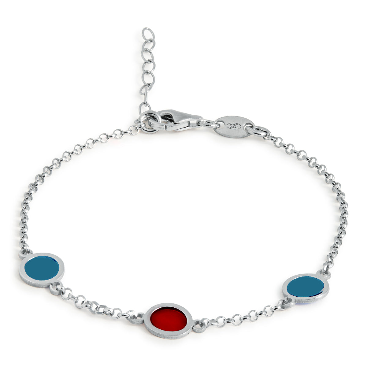 SILVER BRACELET RED/BLUE CIRCLES