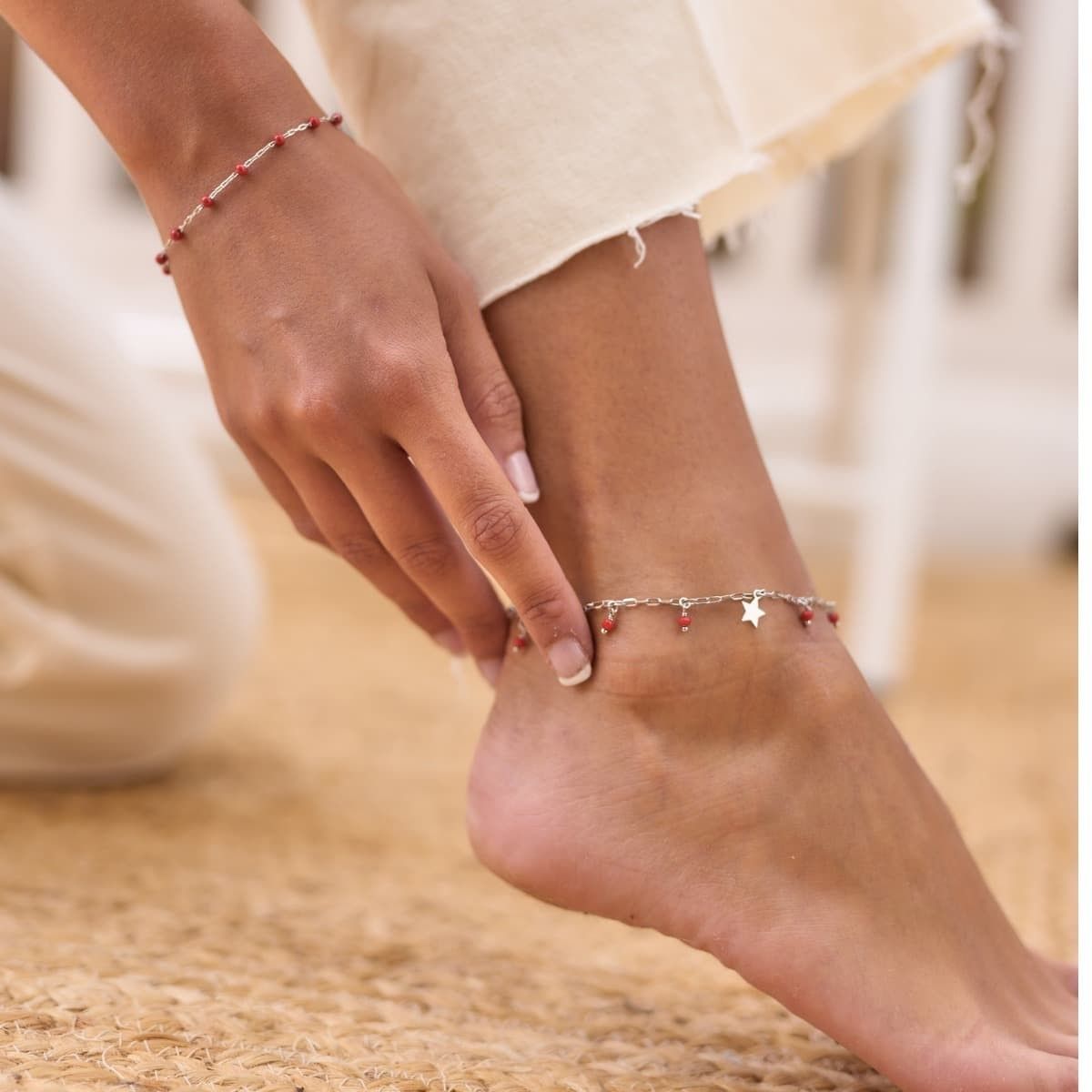SILVER ANKLE BRACELET WITH BALLS AND STAR