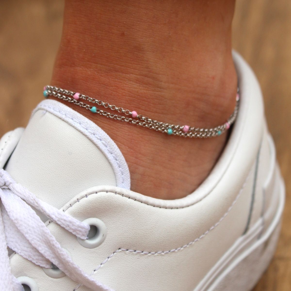 SILVER ANKLE BRACELET AND TURQUOISE BALLS