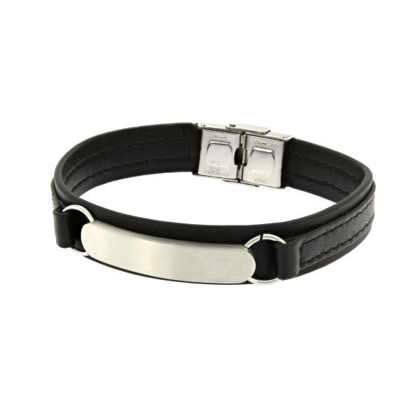 STEEL BRACELET WITH PLATE AND BLACK LEATHER