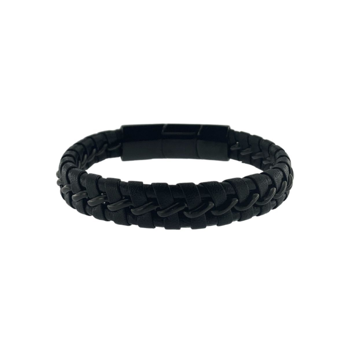 BLACK STEEL AND BRAIDED LEATHER CHAIN ​​BRACELET