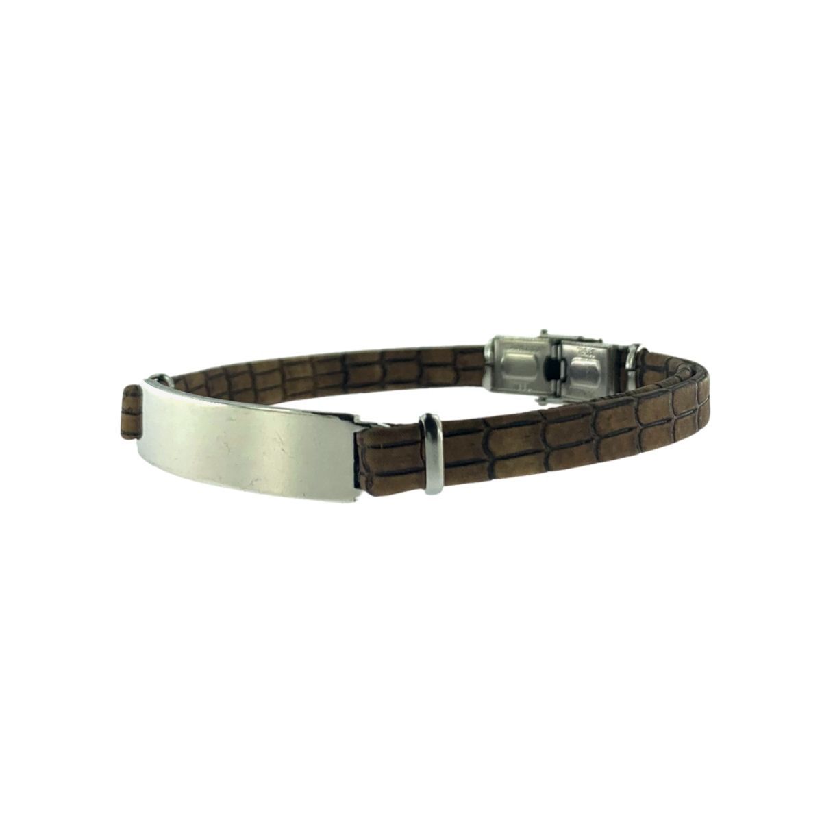 BROWN PRINTED LEATHER BRACELET WITH STEEL PLATE