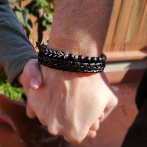 BLACK STEEL AND BRAIDED LEATHER CHAIN ​​BRACELET