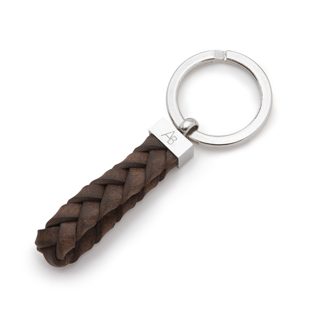 STEEL AND BROWN BRAIDED LEATHER KEY RING