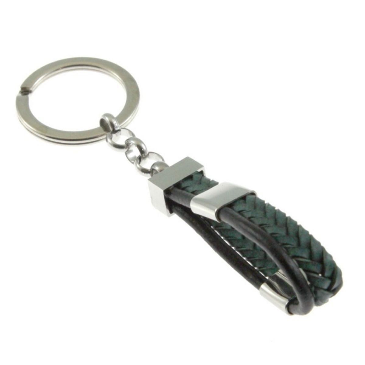 STEEL AND GREEN BRAIDED LEATHER KEY RING