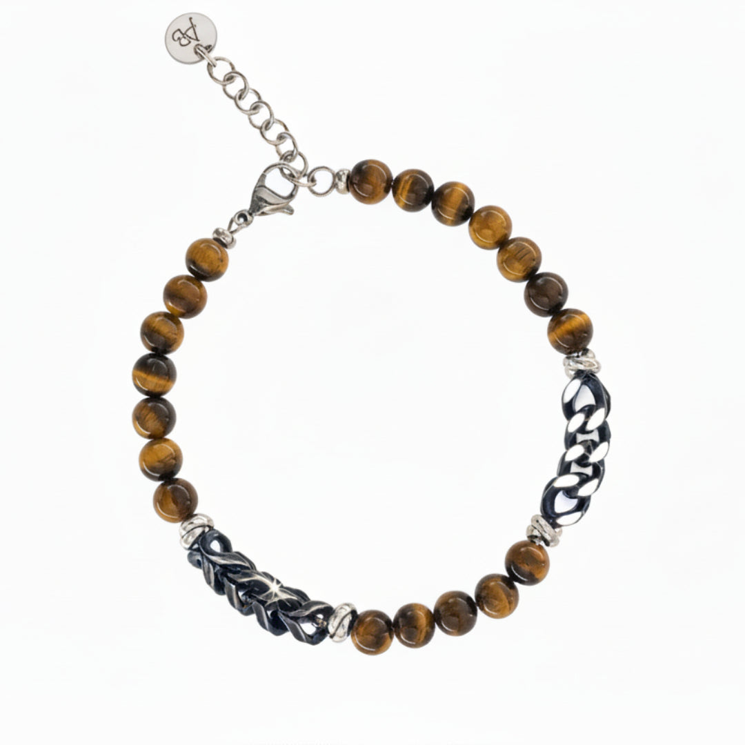 PULSERA COMBINADA ACERO Y OJO DE TIGRE