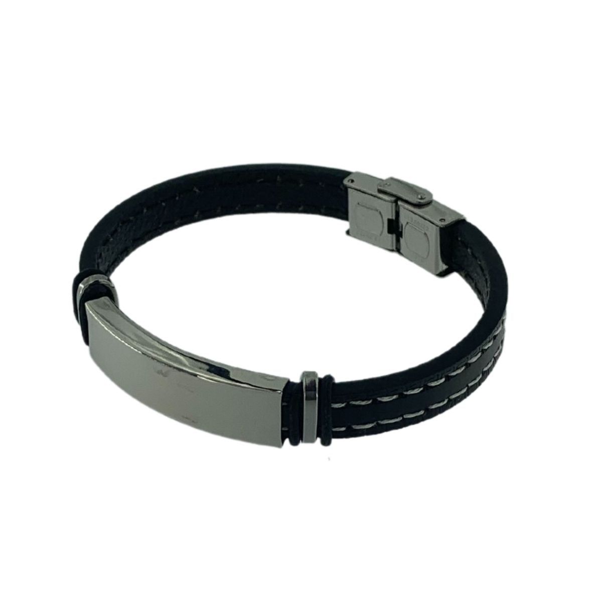 BLACK LEATHER BRACELET WITH STITCHING AND PLATE